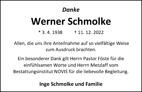 Traueranzeige von Werner Schmolke von Nordwest-Zeitung