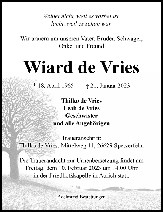 Traueranzeige von Wiard de Vries von Emder Zeitung