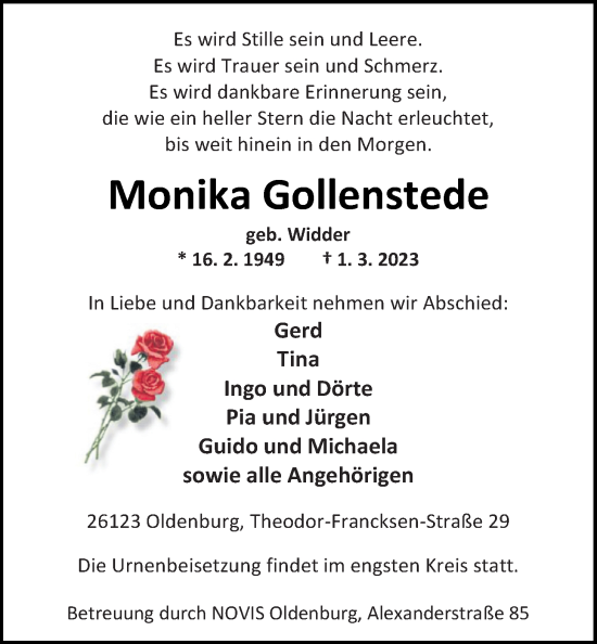 Traueranzeige von Monika Gollenstede von Nordwest-Zeitung