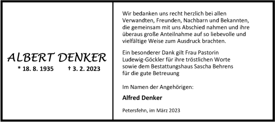 Traueranzeige von Albert Denker von Nordwest-Zeitung