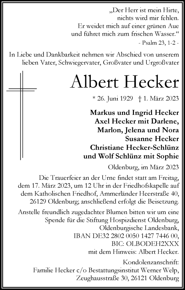  Traueranzeige für Albert Hecker vom 04.03.2023 aus Nordwest-Zeitung