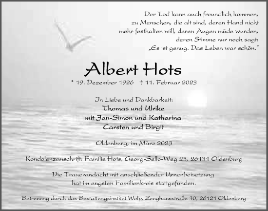 Traueranzeige von Albert Hots von Nordwest-Zeitung