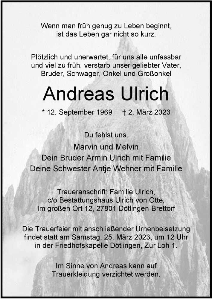  Traueranzeige für Andreas Ulrich vom 17.03.2023 aus Nordwest-Zeitung