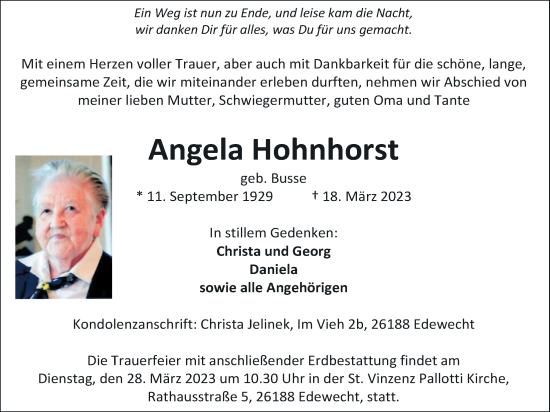 Traueranzeige von Angela Hohnhorst von Nordwest-Zeitung