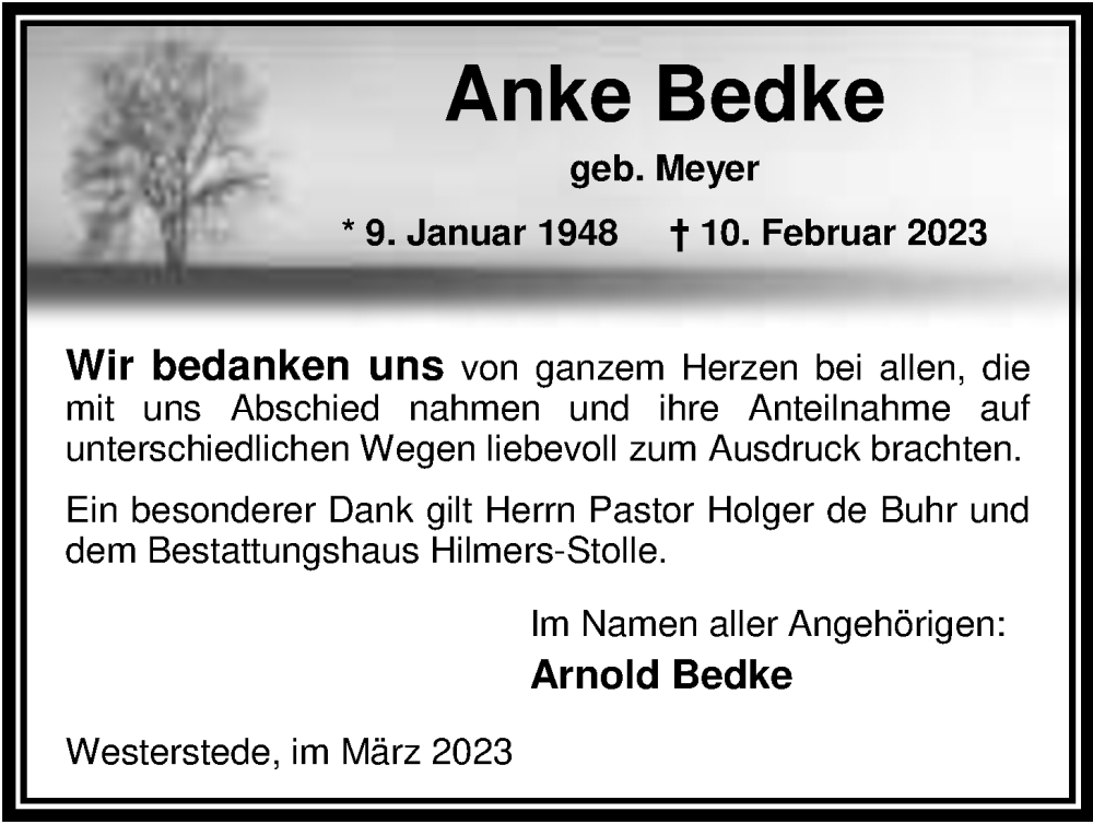  Traueranzeige für Anke Bedke vom 24.03.2023 aus Nordwest-Zeitung