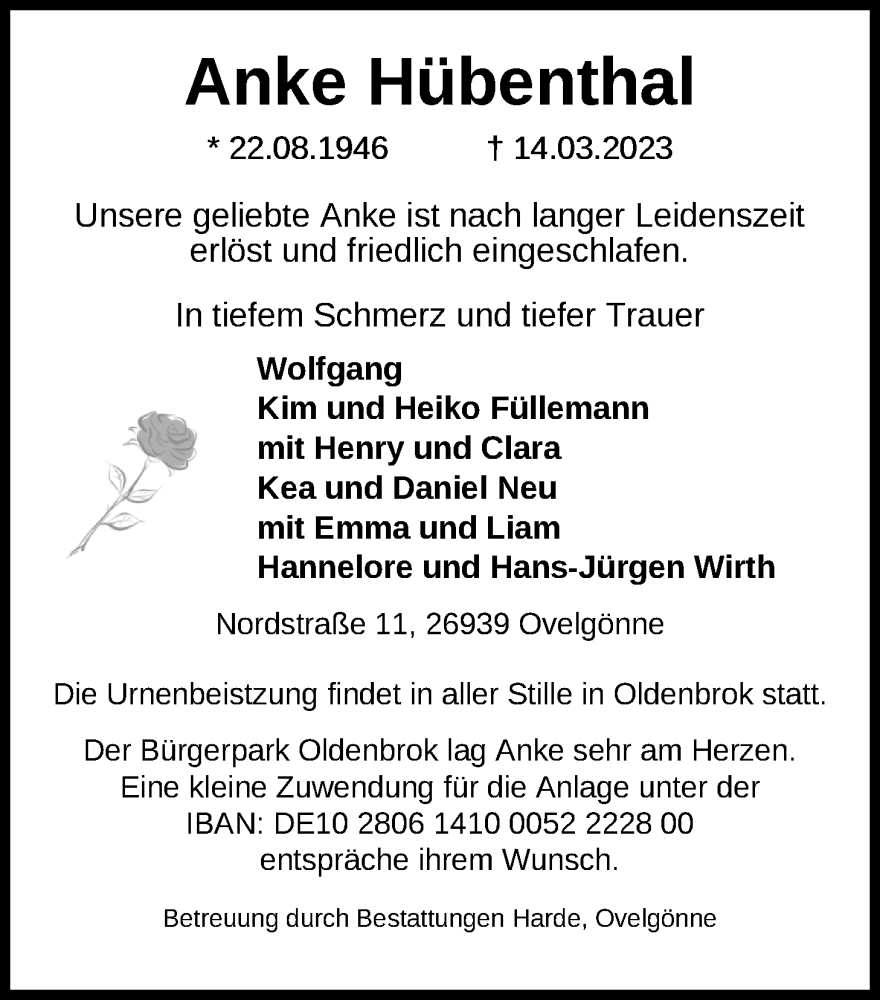  Traueranzeige für Anke Hübenthal vom 16.03.2023 aus Nordwest-Zeitung