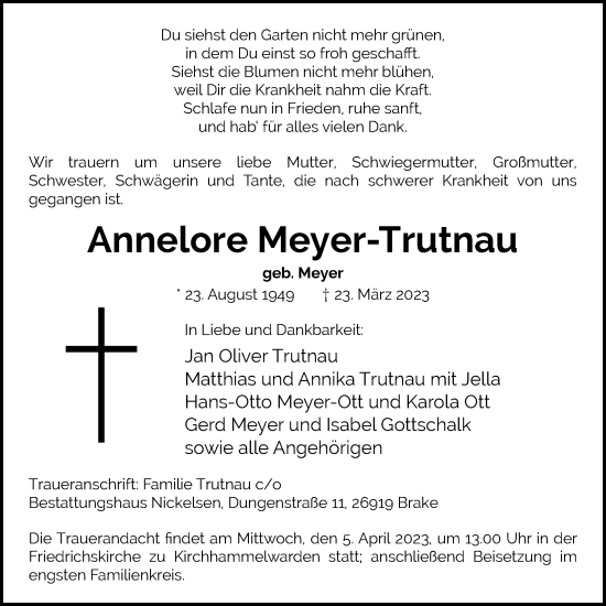 Traueranzeige von Annelore Meyer-Trutnau von Nordwest-Zeitung