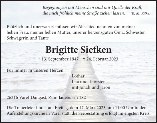 Traueranzeige von Brigitte Siefken von Nordwest-Zeitung