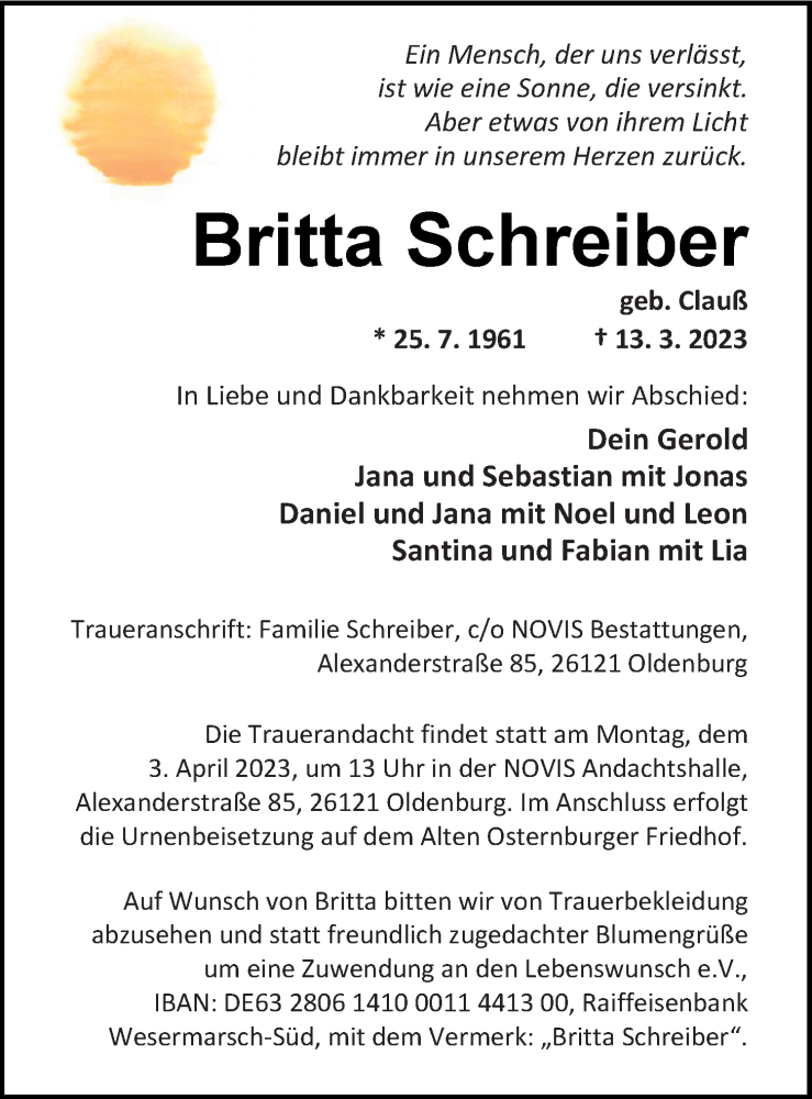  Traueranzeige für Britta Schreiber vom 25.03.2023 aus Nordwest-Zeitung