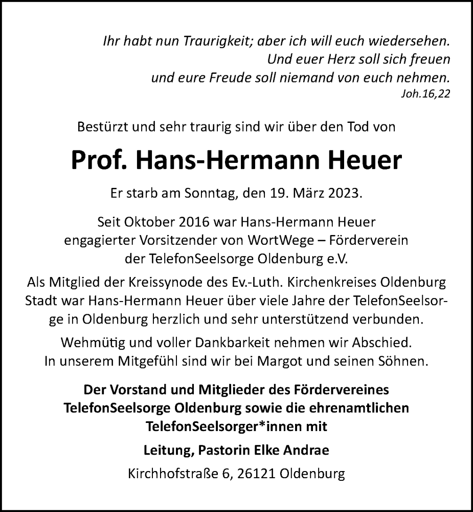  Traueranzeige für Hans-Hermann Heuer vom 25.03.2023 aus Nordwest-Zeitung