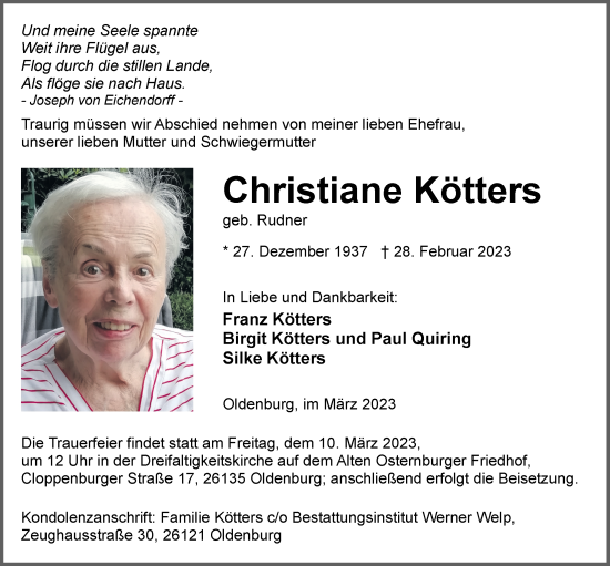 Traueranzeige von Christiane Kötters von Nordwest-Zeitung