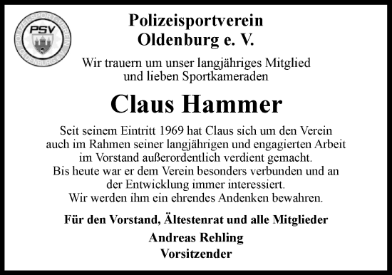 Traueranzeige von Claus Hammer von Nordwest-Zeitung