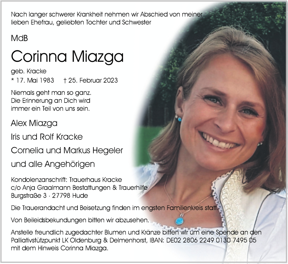 Traueranzeige für Corinna Miazga vom 02.03.2023 aus Nordwest-Zeitung