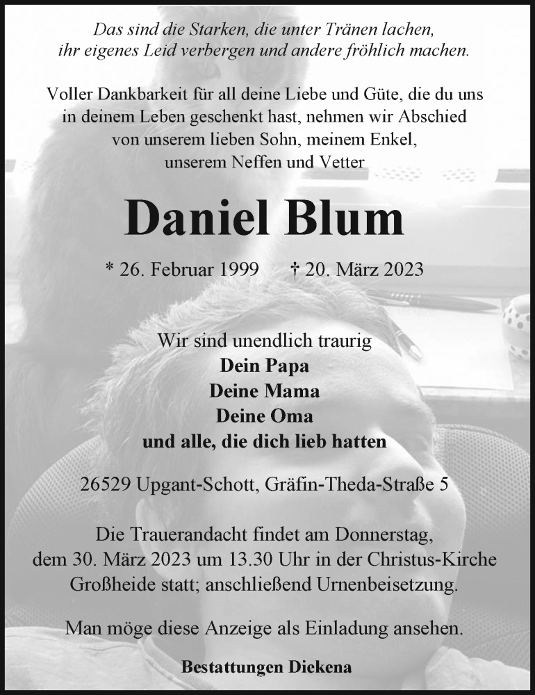  Traueranzeige für Daniel Blum vom 25.03.2023 aus Emder Zeitung