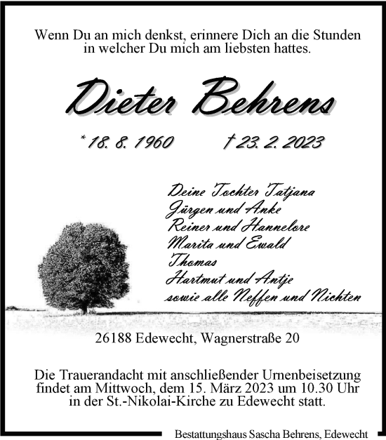 Traueranzeige von Dieter Behrens von Nordwest-Zeitung