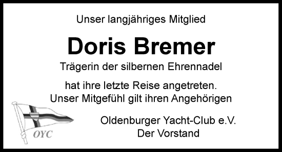 Traueranzeige von Doris Bremer von Nordwest-Zeitung