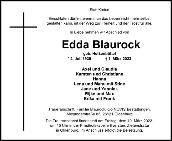 Traueranzeige von Edda Blaurock von Nordwest-Zeitung