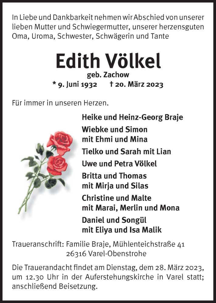  Traueranzeige für Edith Völkel vom 24.03.2023 aus Nordwest-Zeitung