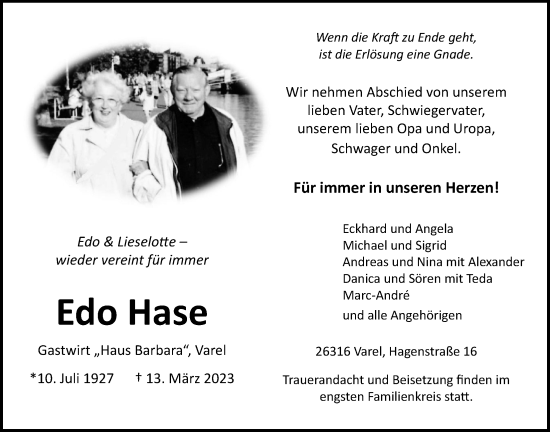 Traueranzeige von Edo Hase von Nordwest-Zeitung
