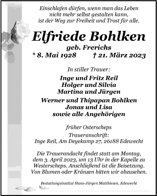 Traueranzeige von Elfriede Bohlken von Nordwest-Zeitung