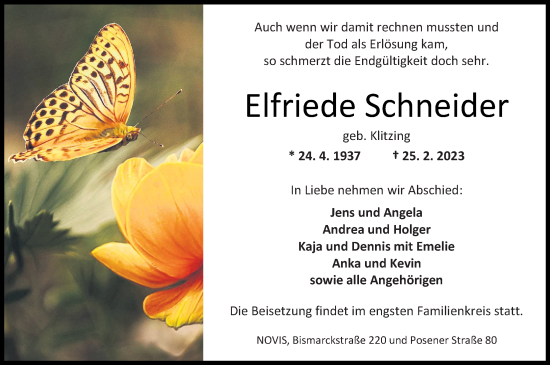 Traueranzeige von Elfriede Schneider von WZ/JW/AH