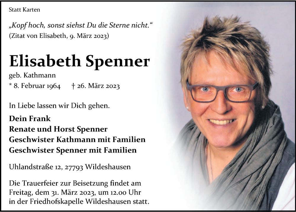  Traueranzeige für Elisabeth Spenner vom 28.03.2023 aus Nordwest-Zeitung