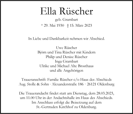 Traueranzeige von Ella Rüscher von Nordwest-Zeitung