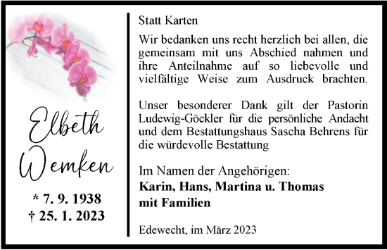Traueranzeige von Elsbeth Wemken von Nordwest-Zeitung