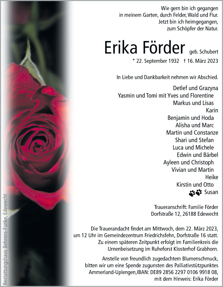  Traueranzeige für Erika Förder vom 18.03.2023 aus Nordwest-Zeitung