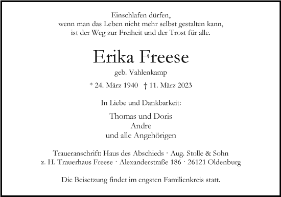 Traueranzeige von Erika Freese von Nordwest-Zeitung