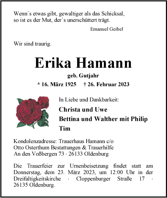 Traueranzeige von Erika Hamann von Nordwest-Zeitung
