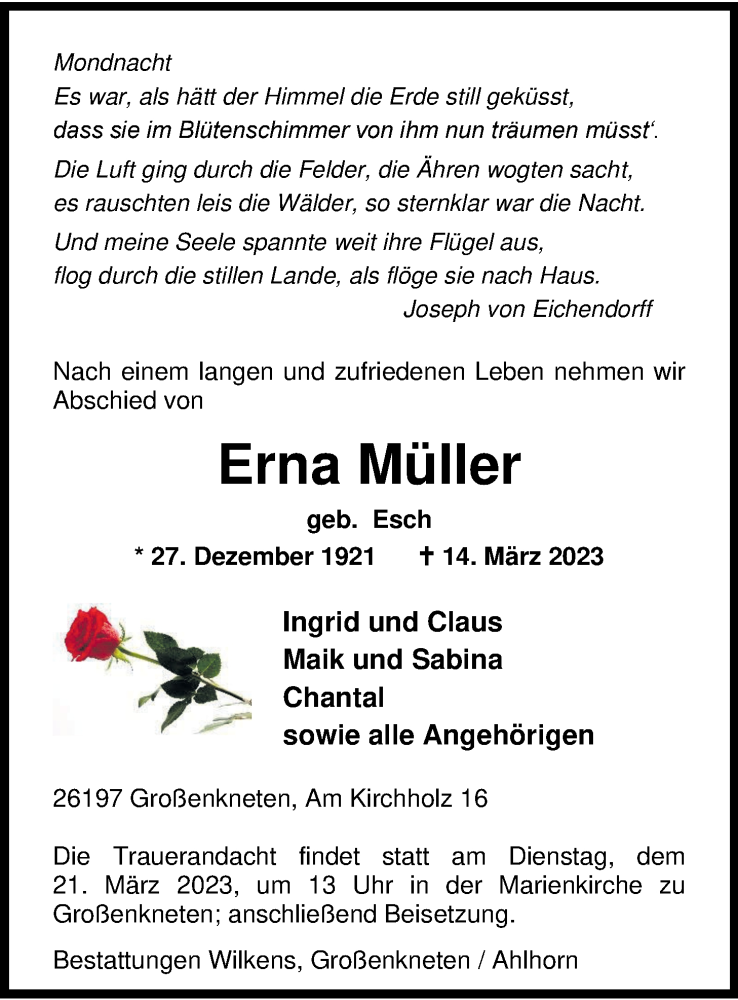  Traueranzeige für Erna Müller vom 16.03.2023 aus Nordwest-Zeitung