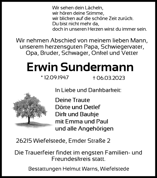 Traueranzeige von Erwin Sundermann von Nordwest-Zeitung