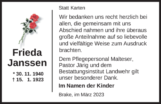 Traueranzeige von Frieda Janssen von Nordwest-Zeitung