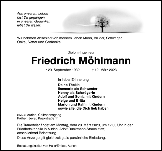 Traueranzeige von Friedrich Möhlmann von WZ/JW/AH