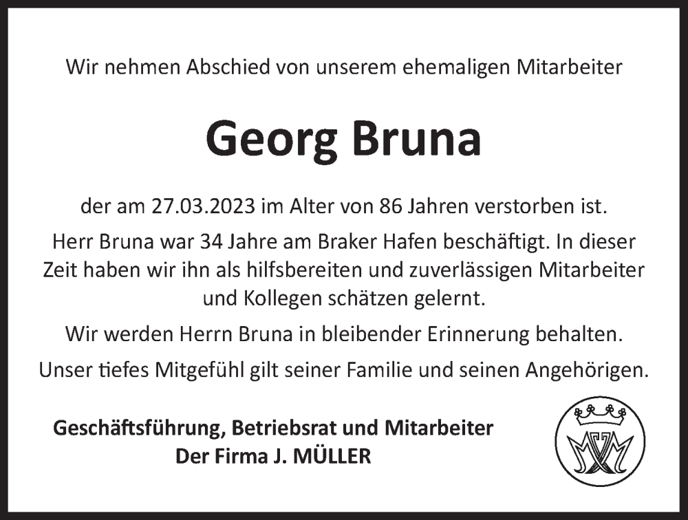  Traueranzeige für Georg Bruna vom 31.03.2023 aus Nordwest-Zeitung