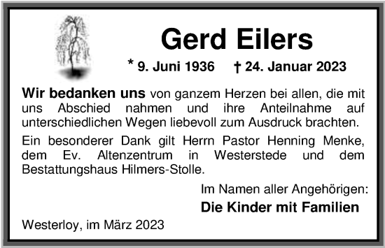 Traueranzeige von Gerd Eilers von Nordwest-Zeitung