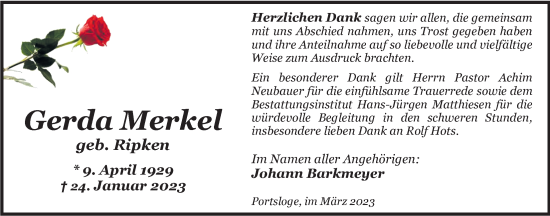 Traueranzeige von Gerda Merkel von Nordwest-Zeitung