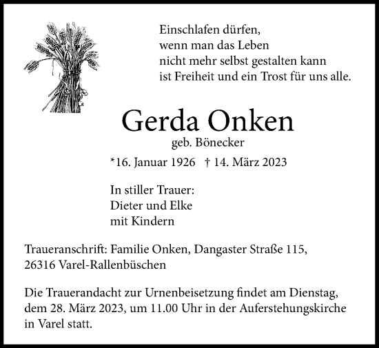 Traueranzeige von Gerda Onken von Nordwest-Zeitung