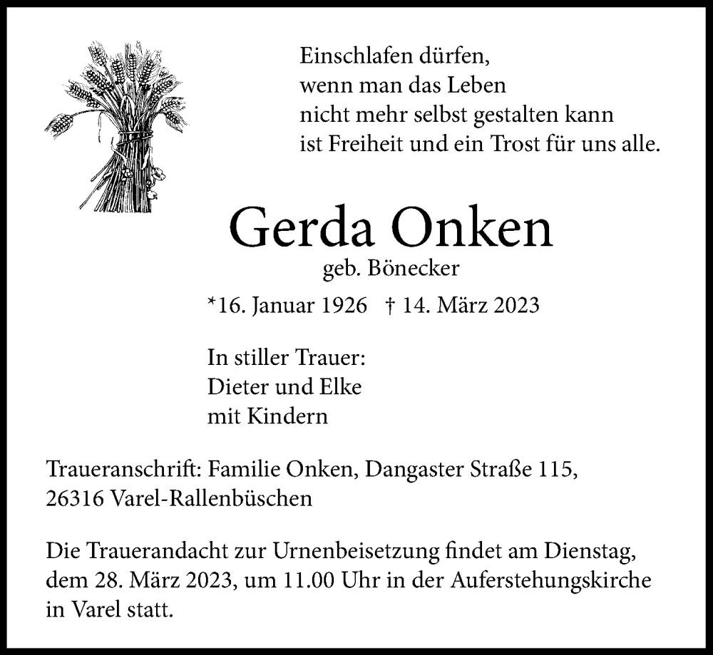  Traueranzeige für Gerda Onken vom 24.03.2023 aus Nordwest-Zeitung