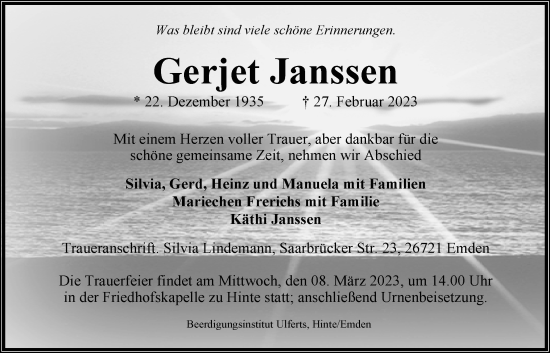 Traueranzeige von Gerjet Janssen von Emder Zeitung