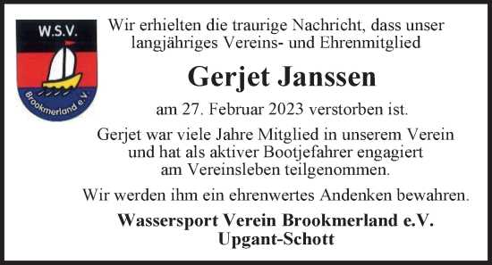 Traueranzeige von Gerjet Janssen von Emder Zeitung