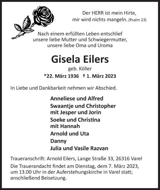 Traueranzeige von Gisela Eilers von Nordwest-Zeitung
