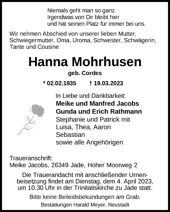 Traueranzeige von Hanna Mohrhusen von Nordwest-Zeitung