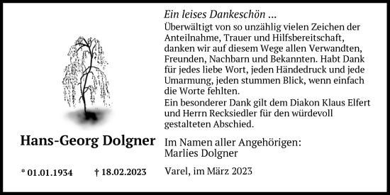 Traueranzeige von Hans-Georg Dolgner von Nordwest-Zeitung