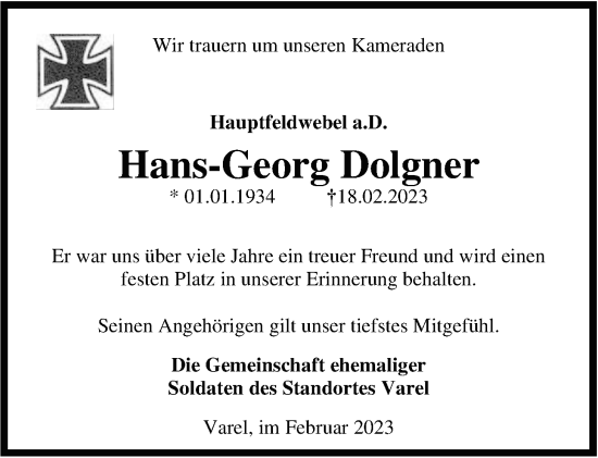 Traueranzeige von Hans-Georg Dolgner von Nordwest-Zeitung