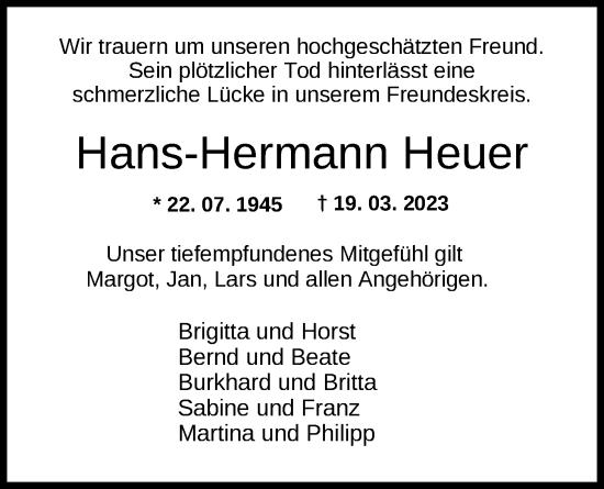 Traueranzeige von Hans-Hermann Heuer von Nordwest-Zeitung
