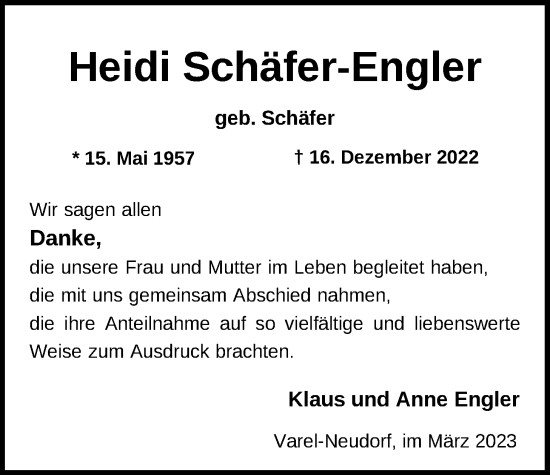 Traueranzeige von Heidi Schäfer-Engler von Nordwest-Zeitung
