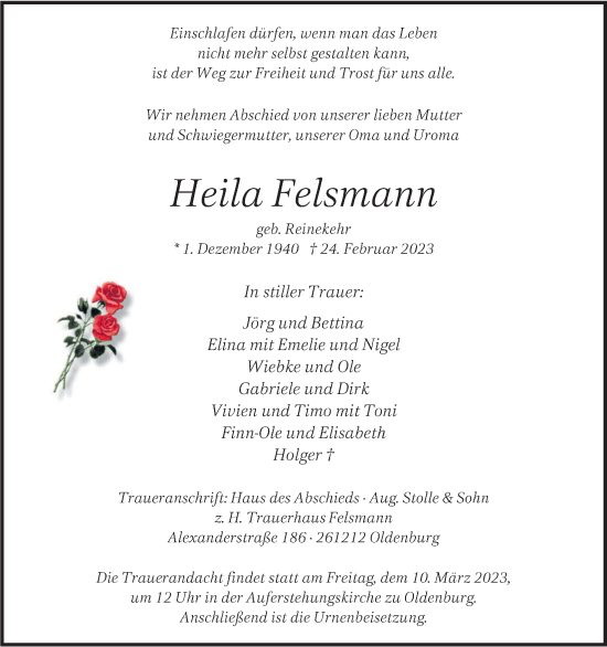 Traueranzeige von Heila Felsmann von Nordwest-Zeitung