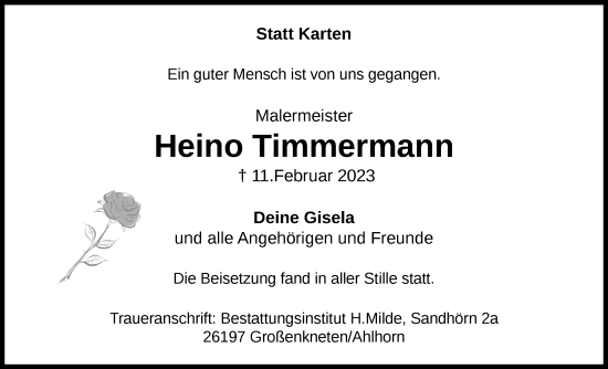 Traueranzeige von Heino Timmermann von Nordwest-Zeitung